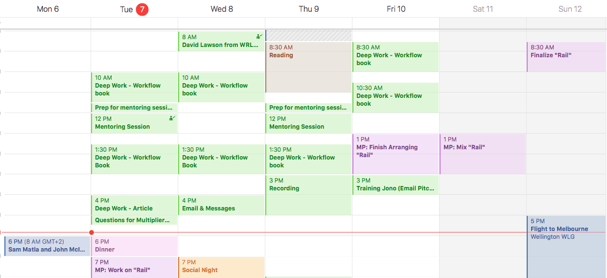 I schedule out production time using the color purple, and typically set an objective for each session. 