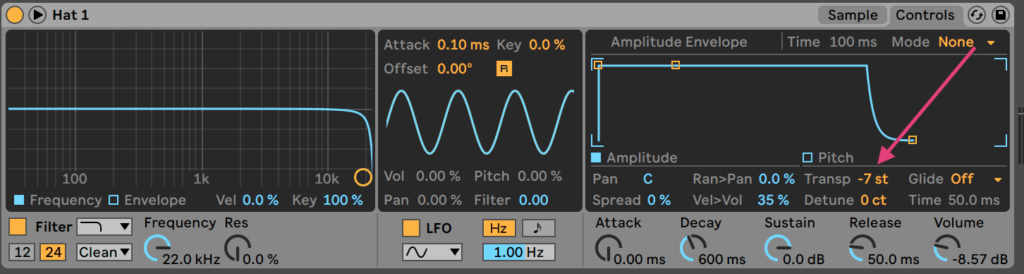 Ableton Live Simpler Transpose -7 semitones