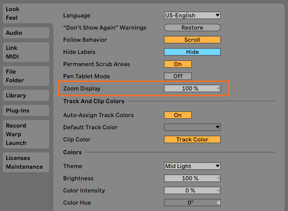 Ableton Live Zoom Display