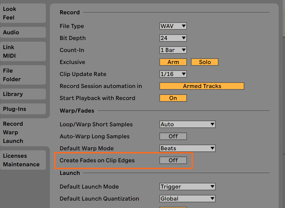 Ableton Live Auto Fades Preferences