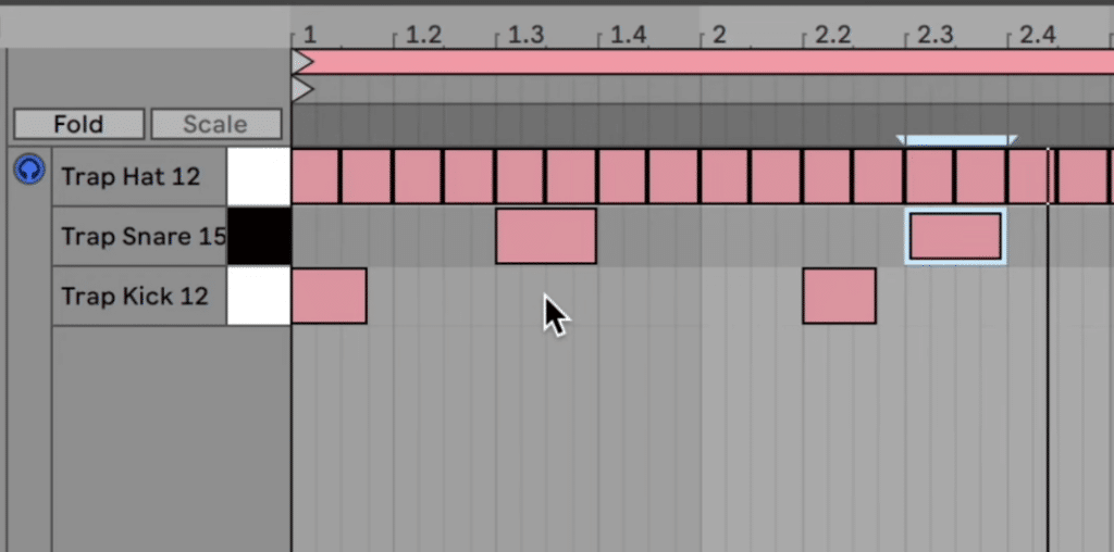 Trap drum pattern with kick, snare, and hi-hat