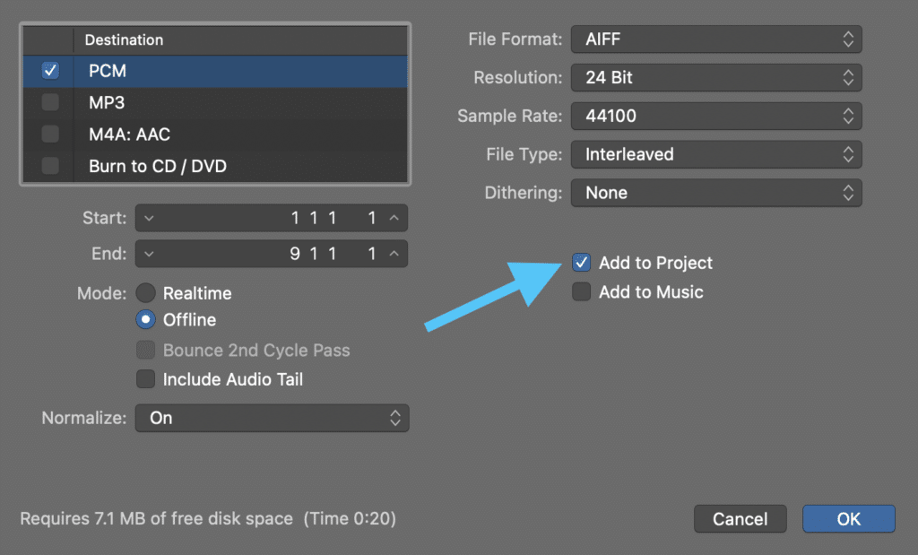 Bounce window in Logic Pro X