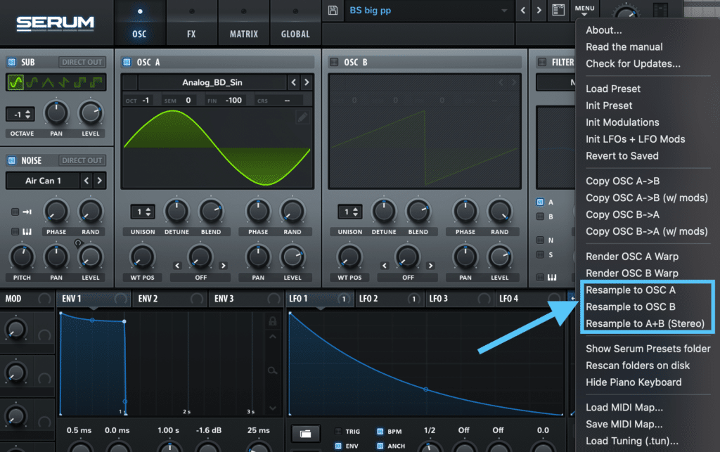 Xfer Serum resampling options in menu